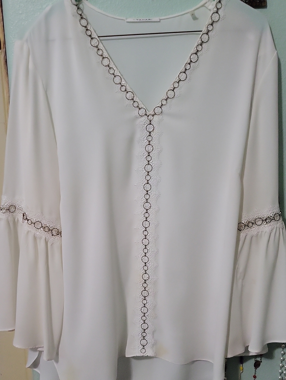 White V-Neck Blouse with Lace Trim